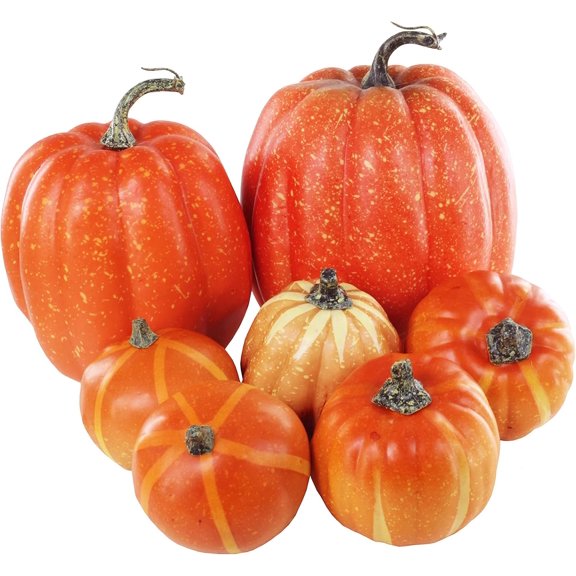 7 Pcs Assorted Artificial Orange Pumpkins Harvest Decorative Pumpkins Foam Pumpkins for Farmhouse Rustic Fall Thanksgiving Halloween Tabletop Centerpiece Mantel Shelf Kitchen Decoration