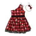 thumbnail image 6 of Odeerbi Infant Girls Christmas Plaid One Shoulder Dresses Cute Tulle Patchwork Irregular Hem Dress Kids Sleeveless Lattice Print Dress with Headband Suit Infant Girls Clothes, 6 of 9