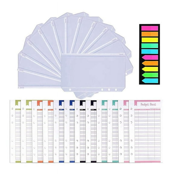 A6 Binder Pockets 12Pcs Budget Planner,Clear PVC 6 Holes Clear Sleeves Zipper Folder for Notebook Planner
