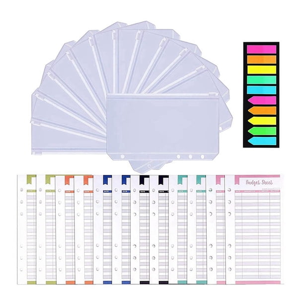 Carpeta con Bolsillos A6, 12 Bolsillos para Carpetas, Planificador Presupuesto, PVC Transparente,6 Agujeros, Fundas Transparentes, Carpeta con Cremallera para Planificador Cuaderno