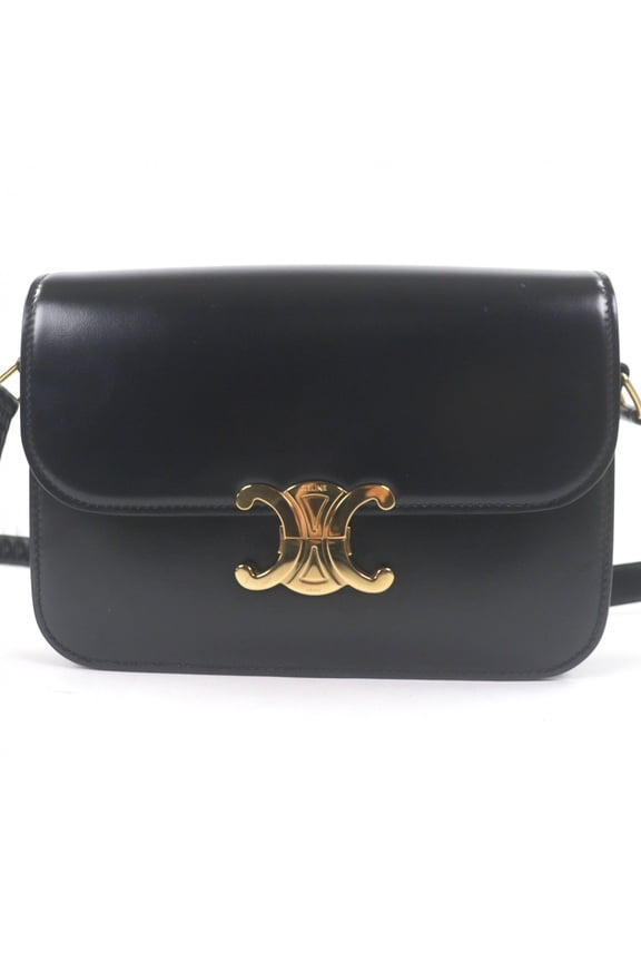 Pre-Owned CELINE Teen Shiny Calfskin Leather Triomphe Hardware Shoulder Bag Black Gold with...