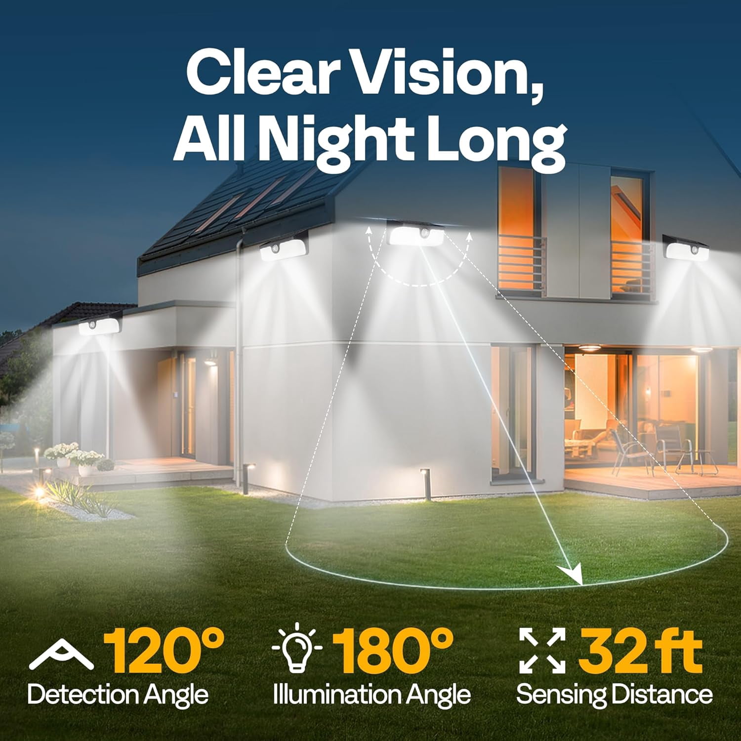 SPECSTAR Linkable Solar Lights Outdoor, 2500LM Motion Sensor Wall Lights with Diffuser for Extra Wide Lighting, IP65 Waterproof, Solar Powered for Fence Garden, Patio, Porch, Yard, 4 Pack