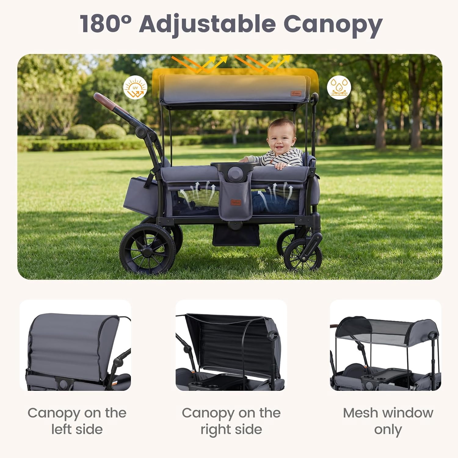 INFANS Wagon Stroller for 2 Kids, Foldable Wagon Cart with Adjustable Handle Pull Bar, Removable Canopy, Footwell, Snack Tray, Harnesses for Infants Toddlers 6-36 Months