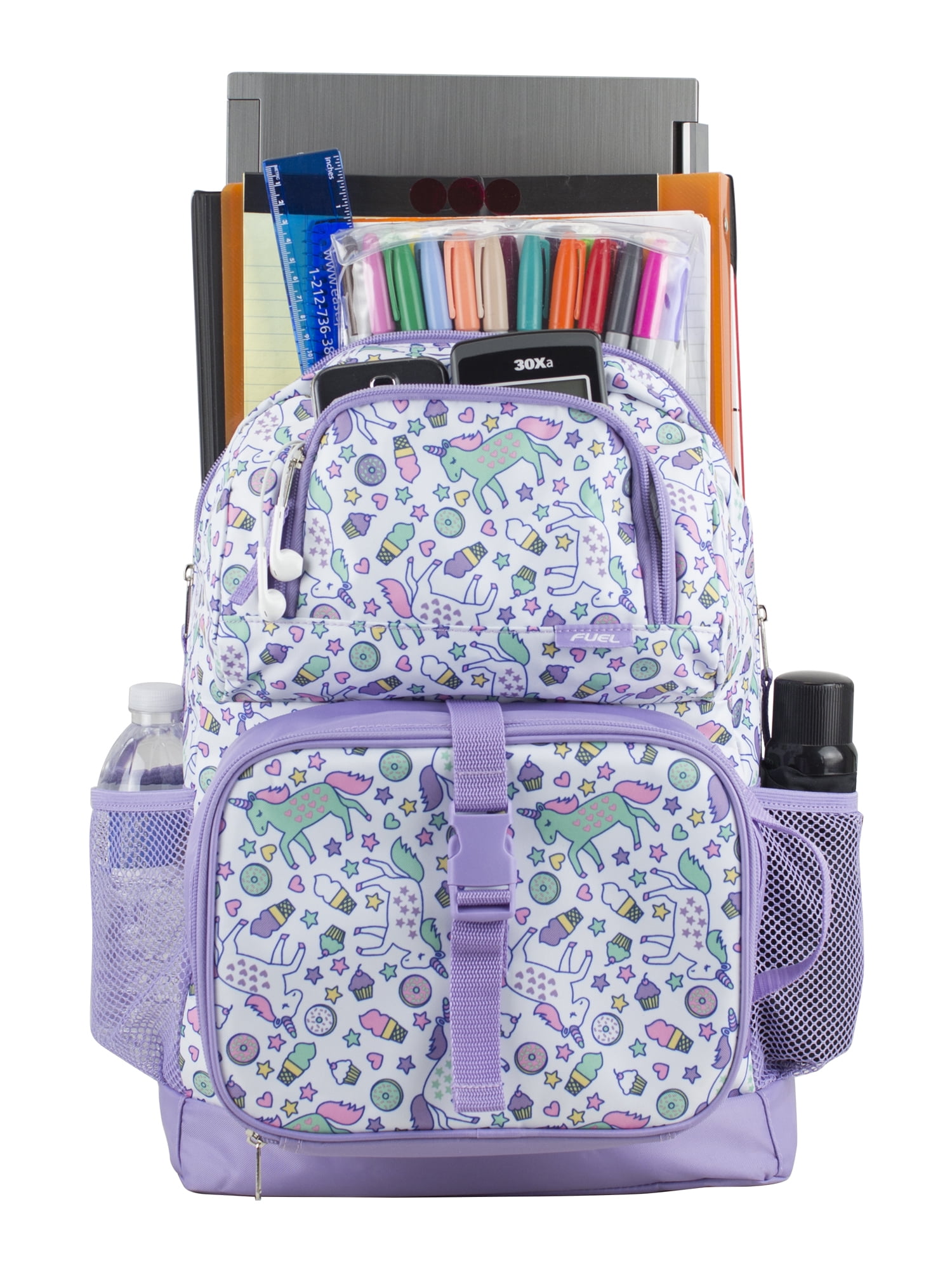 Fuel Unisex 4-Piece Combo Backpack with Lunch Box, Storage Case and Shoe Pouch, Unicorn Donut Print