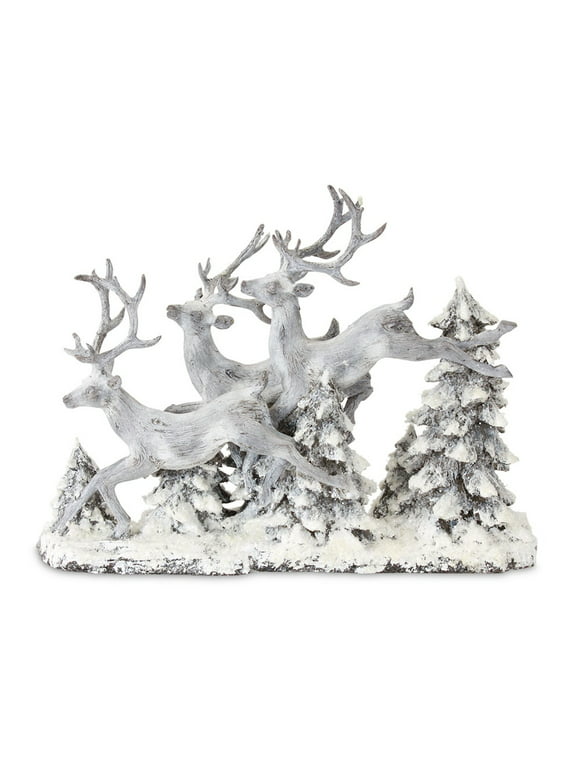 Home Seasonal Decorative Deer And Trees 16"L X 12.5"H Resin - Grey, White, Brown