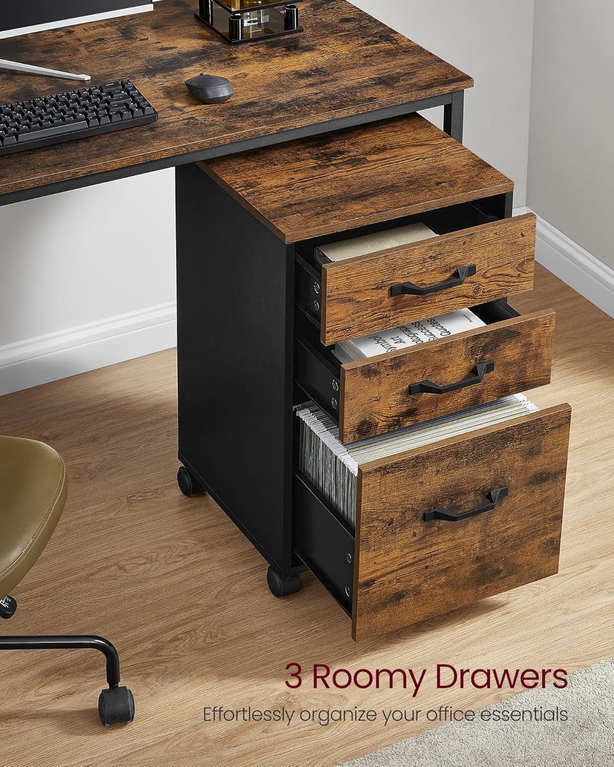 File Cabinet, 3 Drawers Filing Cabinet for Home Office, with Wheels, for A4, Letter Sized Documents, Hanging File Folders
