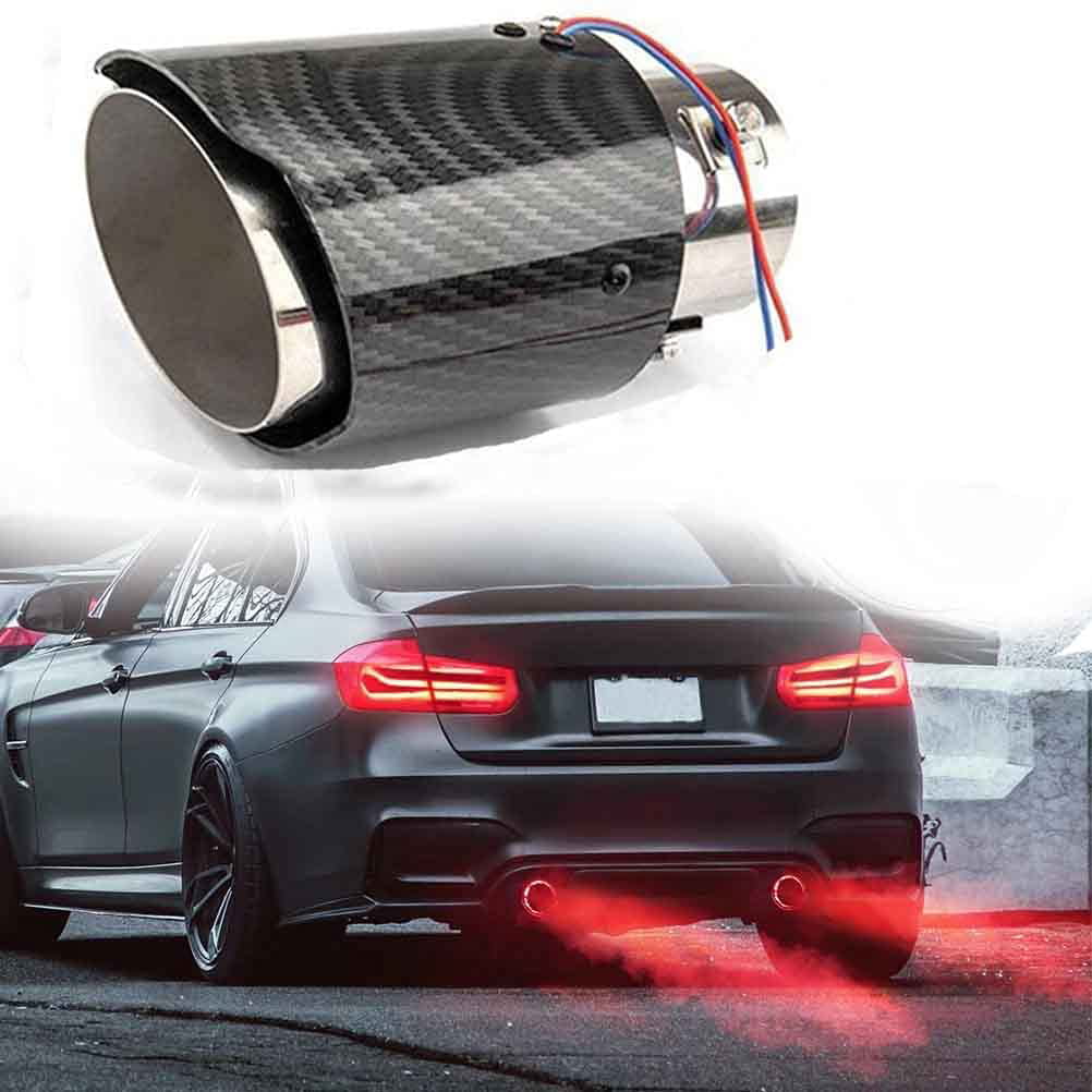 2.5'' 63mm Carbon Fiber Exhaust Tip with Red LED Light Stainless Steel Muffler Tip Modification Luminous Tube