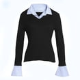 thumbnail image 2 of Patchwork Blouses for Women Lapel Collared Dressy Casual Color Block Business Work Tops Long Sleeve Fashion Shirts, 2 of 5