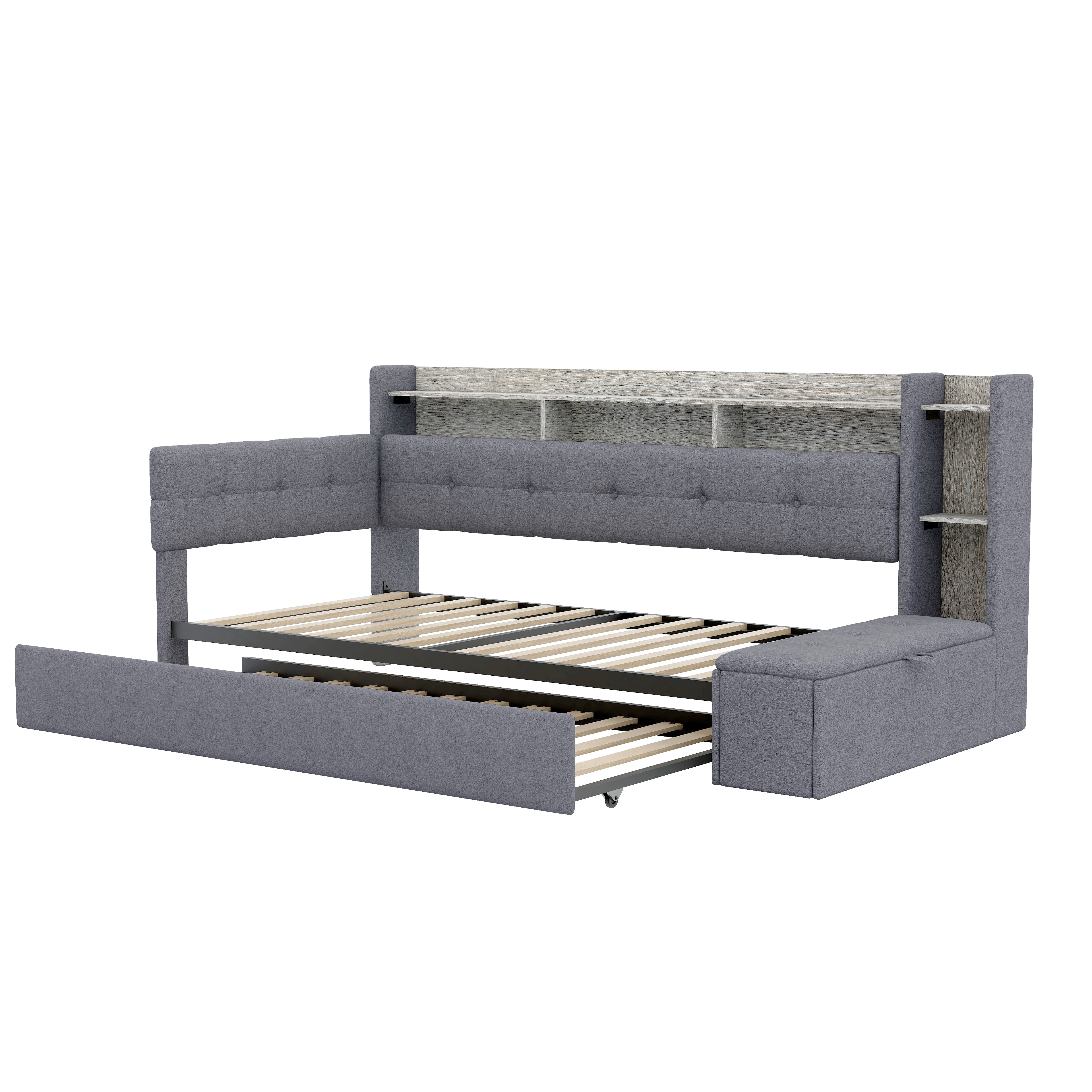 Euroco Upholstery Twin Size Daybed with Trundle, Storage Sofa Bed with Footstool and Shelves, LED Light and USB Charging, Grey