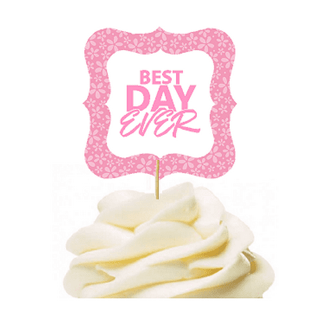 12pack Best Day Ever Light Pink Flower Cupcake Desert Appetizer Food Picks for Weddings, Birthdays, Baby Showers, Events &