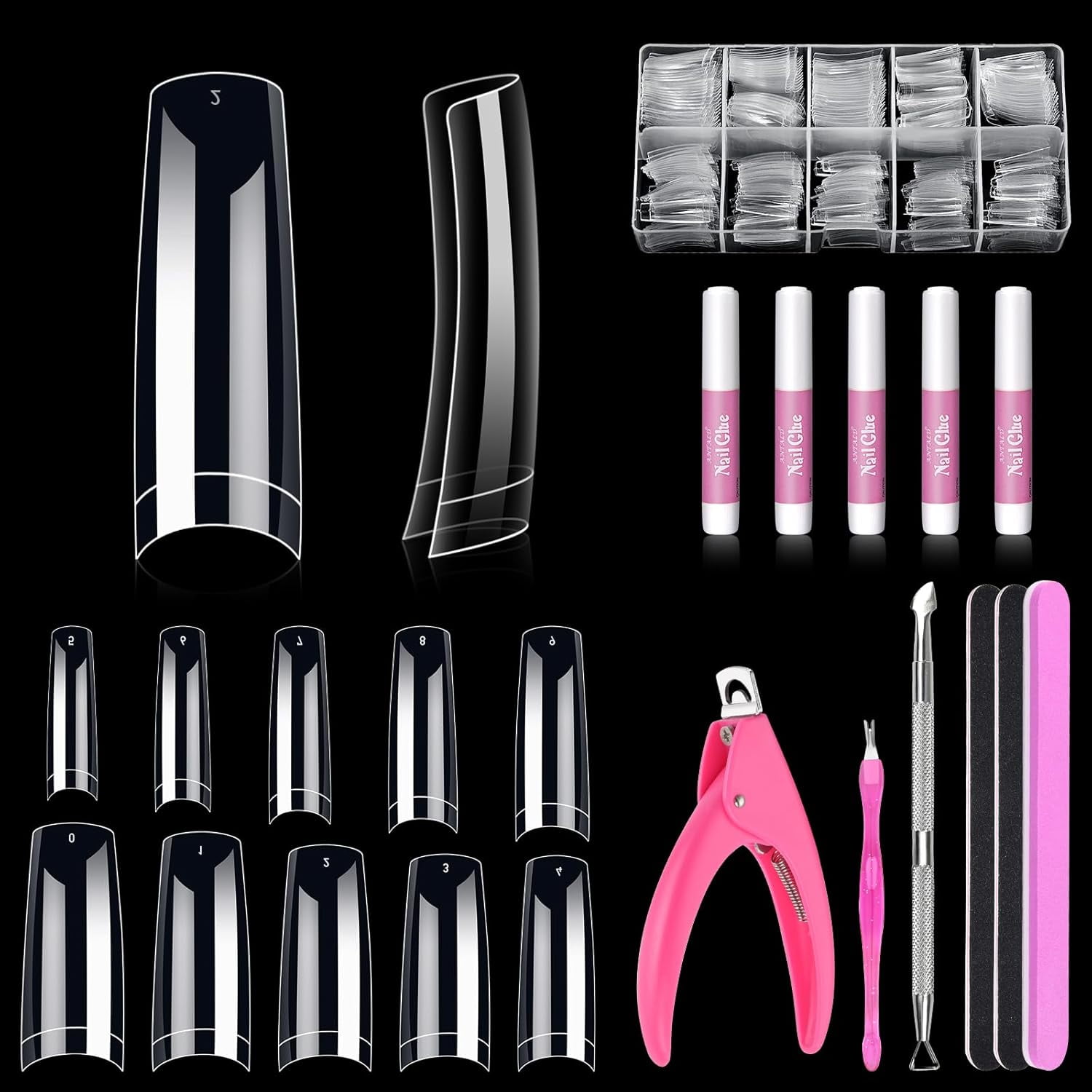 240 Pcs Half Cover Coffin Nail Tips Clear Acrylic Extra Long False Nail Tips with Glue, Clipper, Files and Cuticle Fork for Salons and Home DIY
