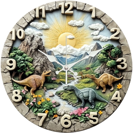 Hoease 10 Inch Silent Wall Clock, 3D Dinosaur Valley Kids Decorative Wall Clock, Battery Operated Non-Ticking Round Clock for Living Room Bedroom Nursery Home Decor