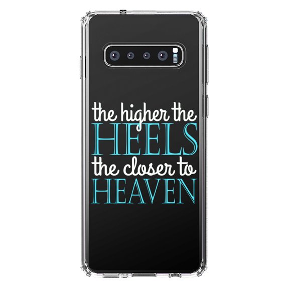 DistinctInk Clear Shockproof Hybrid Case for Samsung Galaxy S10  PLUS (6.4" Screen) - TPU Bumper Acrylic Back Tempered Glass Screen Protector - The Higher the Heels The Closer to Heaven