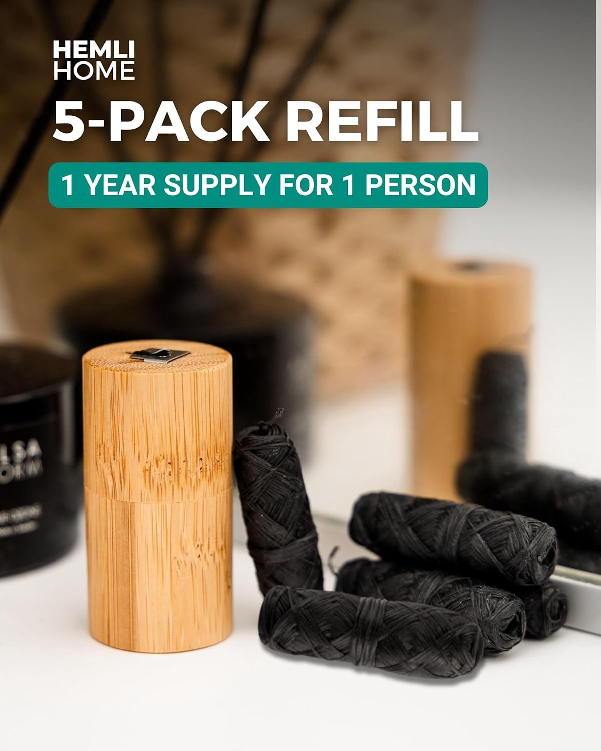 Bamboo Charcoal Dental Floss Refills, Bambo Woven Fibres, 5 x 33 Yards, Organic Refillable Dental Floss, Natural Floss, Eco-Friendly Floss. Plant-Based Candelilla Wax Floss with Natural Mint Flavorin