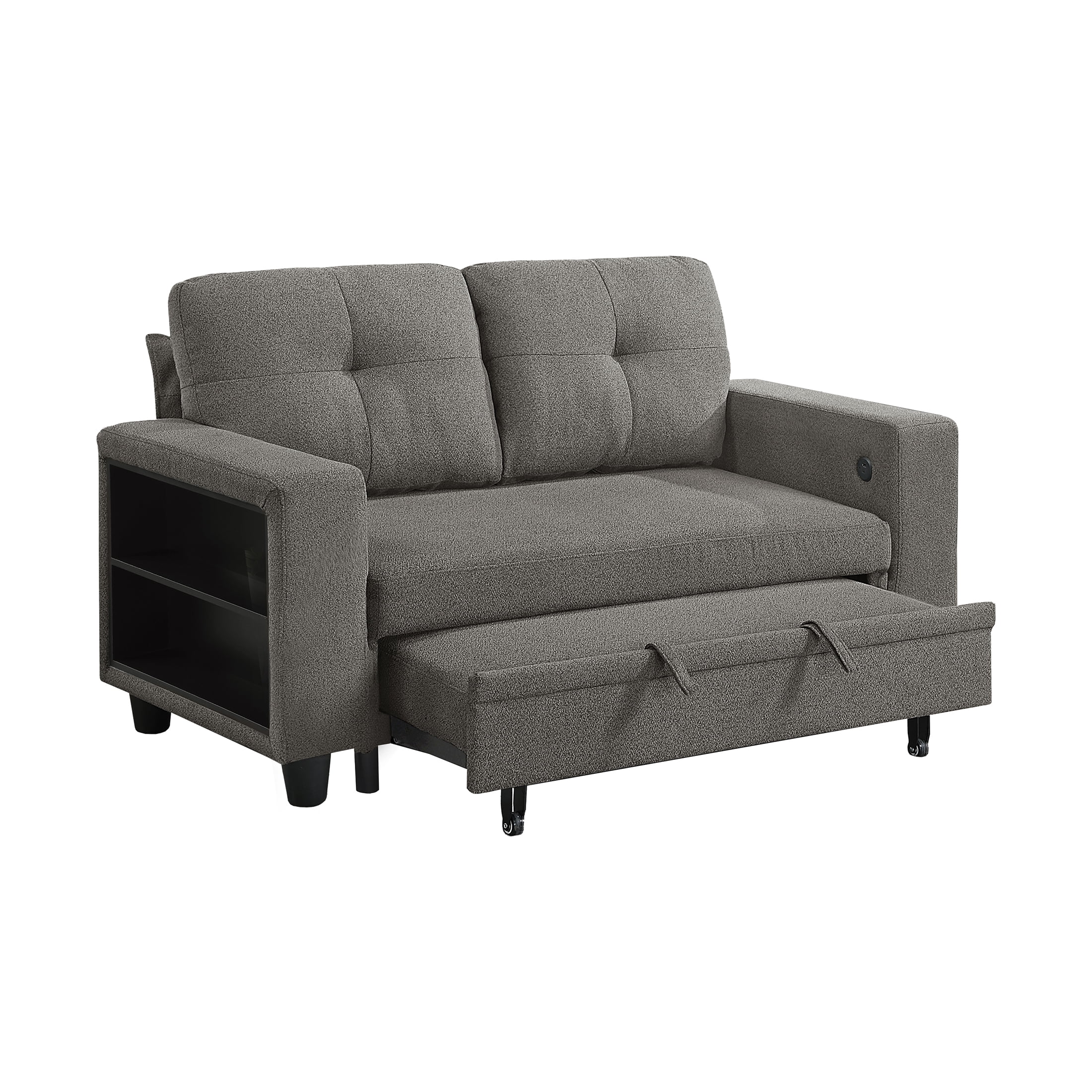 OakvillePark Vessarion Boucle Love Seat with Pull-out Bed, Shelves and Charging Ports, Dark Brown