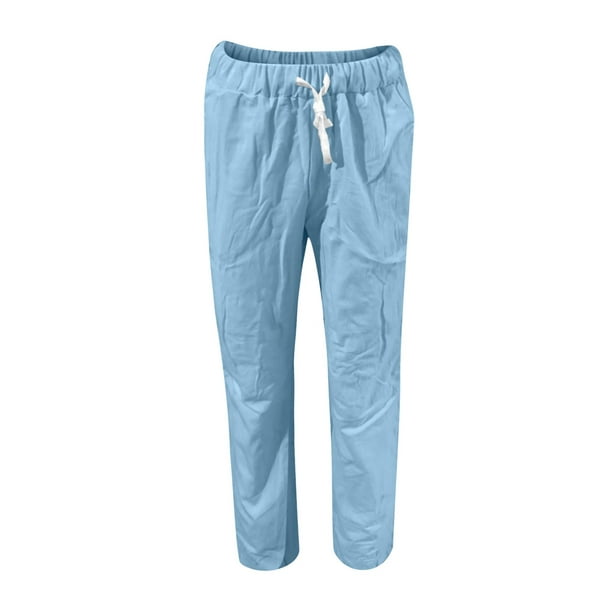 Plus Size Pants for Women drawstring elastic waist cotton linen  nine-quarter Casual Pants 
