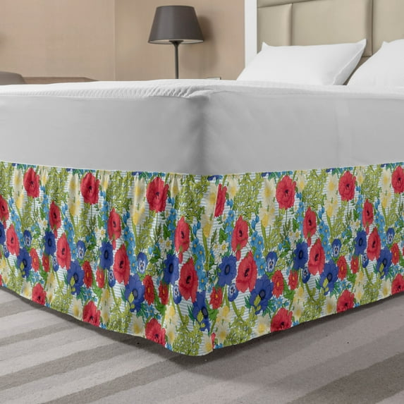 Floral Bed Skirt, Botanical Vintage Concept Poppy Flowers Daffodils Anemones on Pinstripe Backdrop, Elastic Bedskirt Dust Ruffle Wrap Around for Bedding Decor, 4 Sizes, Multicolor, by Ambesonne