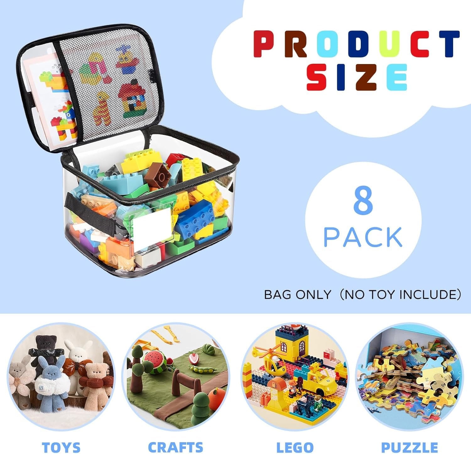 B-Qtech 8 Pack Clear PVC Toy Storage Bags - Waterproof Organizer with Name Tag & Manual Pocket for Legos, Beyblades, Puzzles, Building Blocks