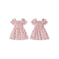 thumbnail image 2 of BemeyourBBs Kids Toddler Baby Girl Summer Smocked Dress Cute Little Girl Sundress Short Sleeve Square Neck Pleated Flower Print Casual Princess Party Dress Clothes, 2 of 9