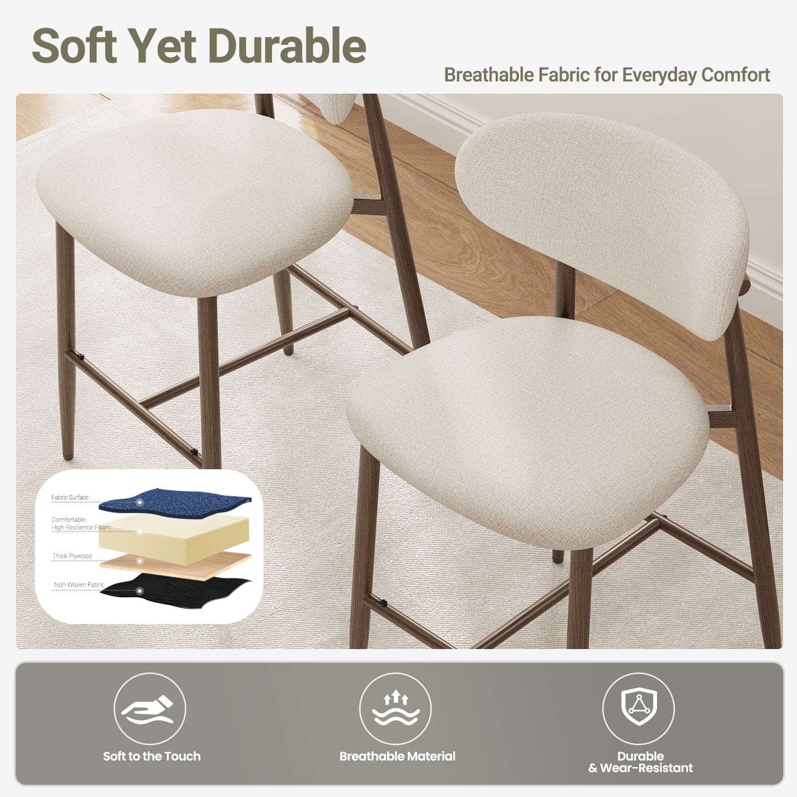 AFO Counter Height Bar Stools Set of 4, Modern Upholstered Kitchen Island Chairs with Back, Wood Grain Metal Legs, Beige