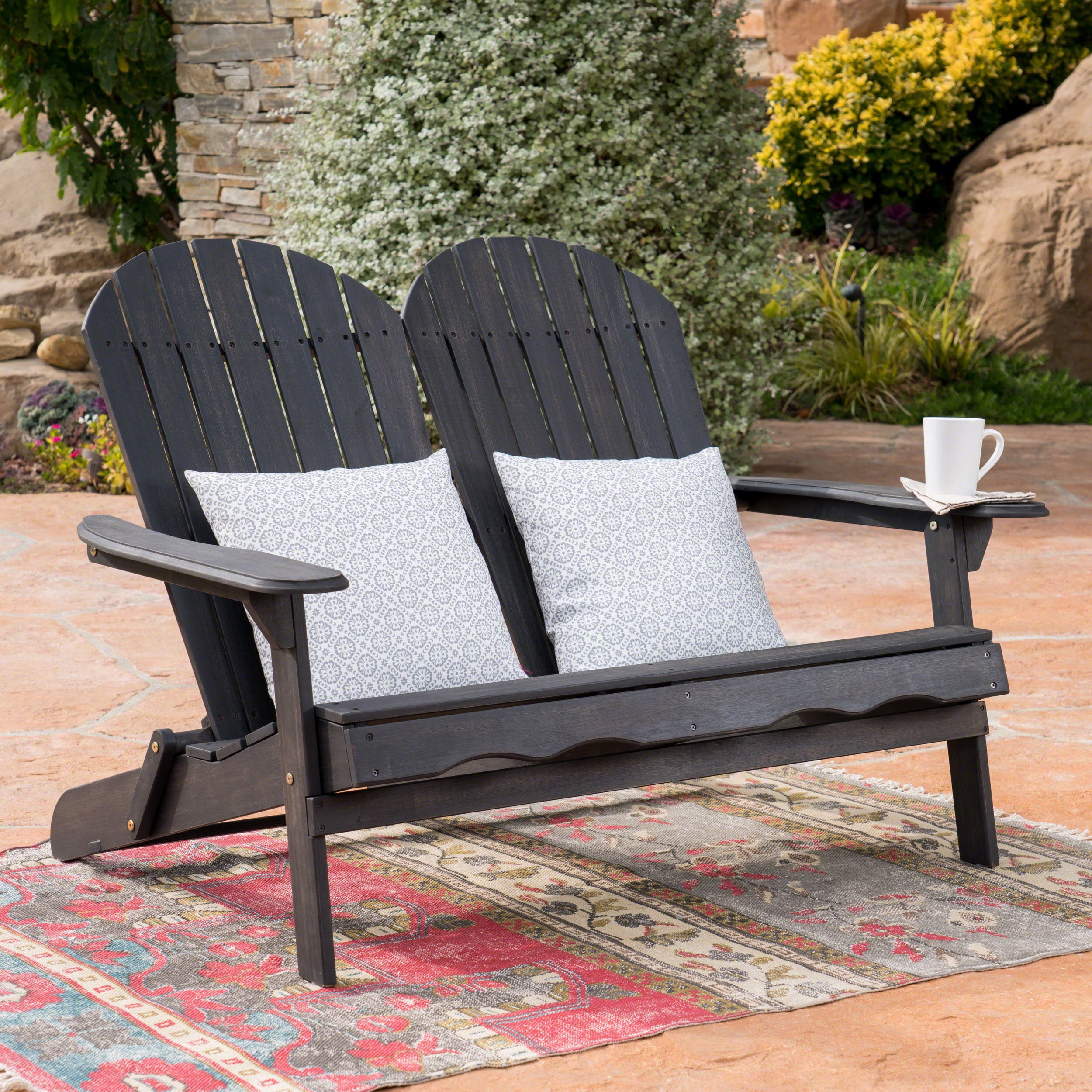 Outdoor Adirondack Double Seat Loveseat, Acacia Wood Frame Leisure Couch for Patio Garden, Dark Gray