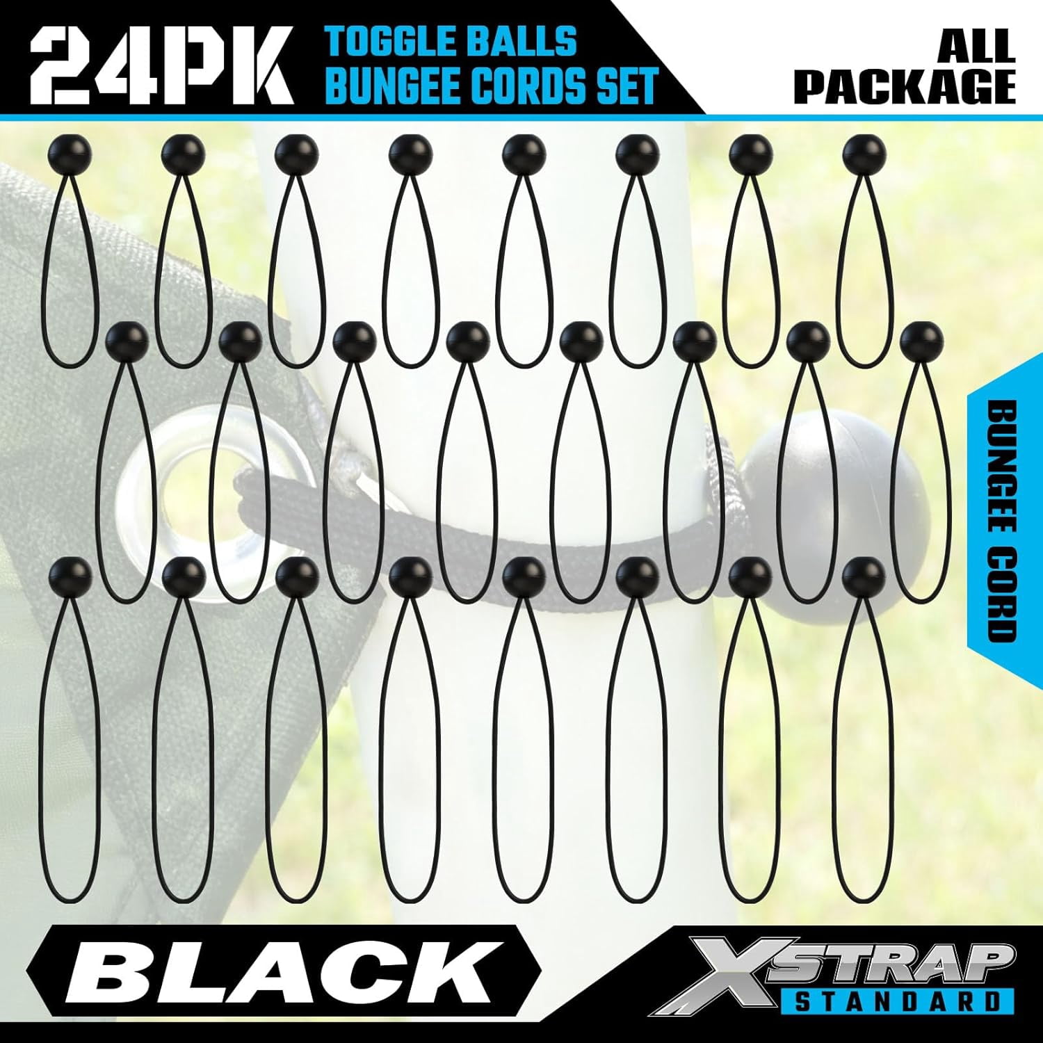 MKEUDQ-24 Pieces Multisize Ball Bungee Cords with Elastic String for Canopy, Tarp, Straps, Tent and Wires, 6, 9, 11 Inch Tarp Canopy Bungee Balls, Black