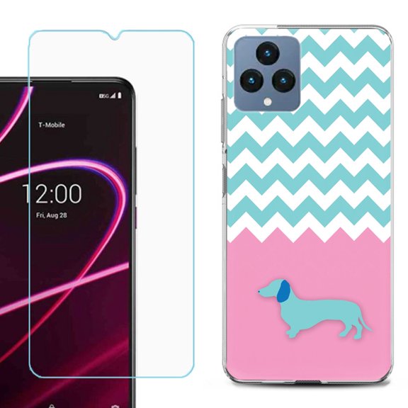 OneToughShield ® for T-Mobile Revvl 6x 5G Shockproof Phone Case, with Tempered Glass Screen Protector - Chevron/Dachshund/Puppy