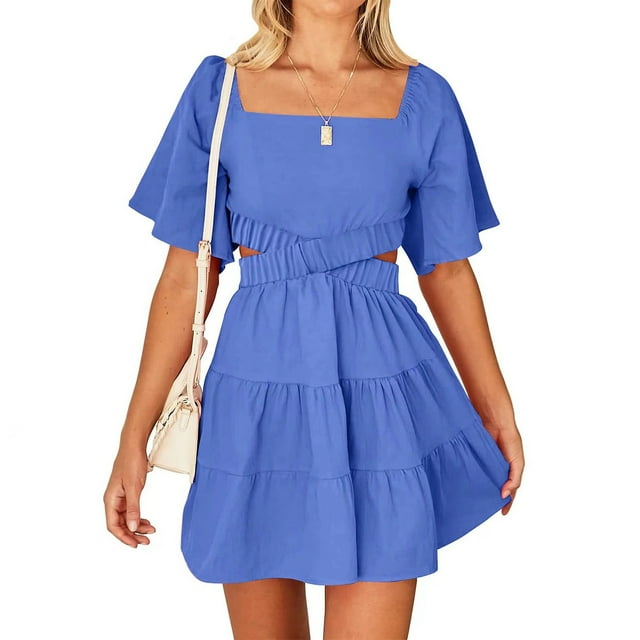 Gspmoly Robes d'Été pour Femmes 2025, Mode Femmes Robe d'Été à Encolure Carrée Unie Décontractée à Manches Courtes Mini Robe Robes Formelles pour Femmes Économies d'Été