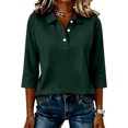 thumbnail image 5 of Women Three Quarter Sleeve Collared Button Polo Shirts Solid Color Loose Casual Office Daily Tops 2XL, 5 of 5