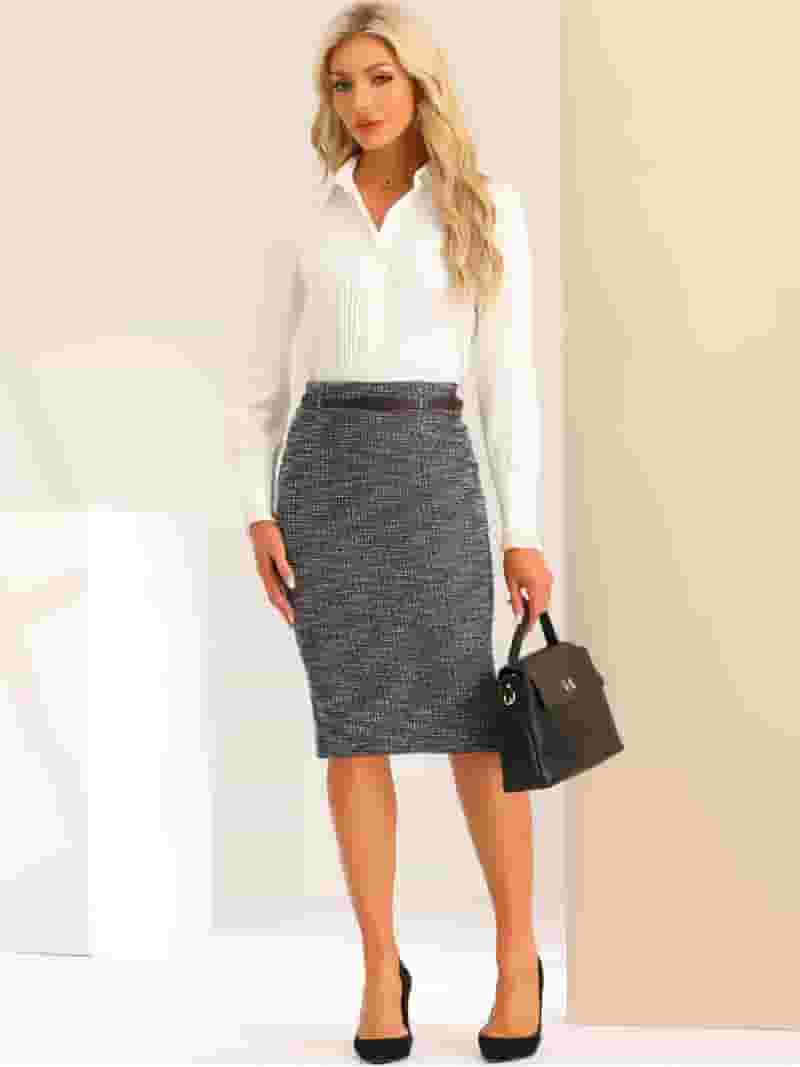 Unique Bargains Women's Tweed Office Skirt XL Black