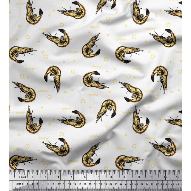 Soimoi Rayon Fabric Circle,Dot & Prawns Ocean Decor Fabric Printed Yard 56 Inch Wide