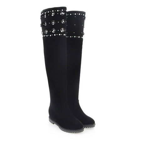 

IELGY Women s boots side zippers solid color round toe rhinestones sequins