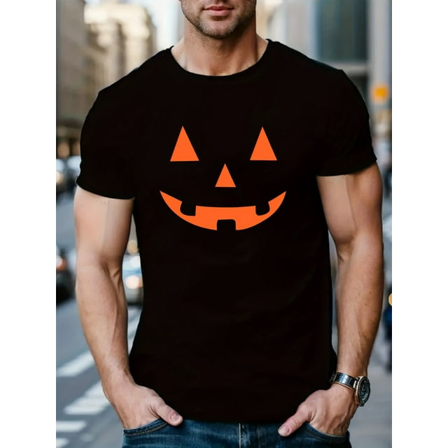 Halloween T-shirt Men's Halloween Pumpkin Print T-Shirt, Casual Crew Neck Short Sleeve Top, 100% Cotton Knitted Fabric, Slightly Elastic, Regular Version, Summer Street Fashion T-Shirt