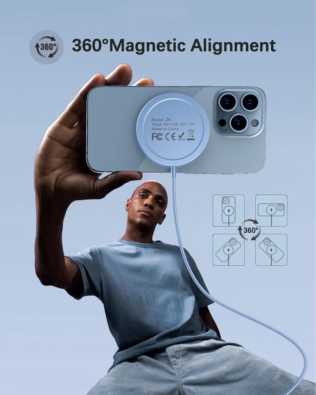 Wtuhu Magnetic Wireless Charger 15W Fast Mag-Safe Charging Pad for iPhone 17/ 16/15 /14/13/12 Series AirPods 3/2/Pro/Pro 2, Blue