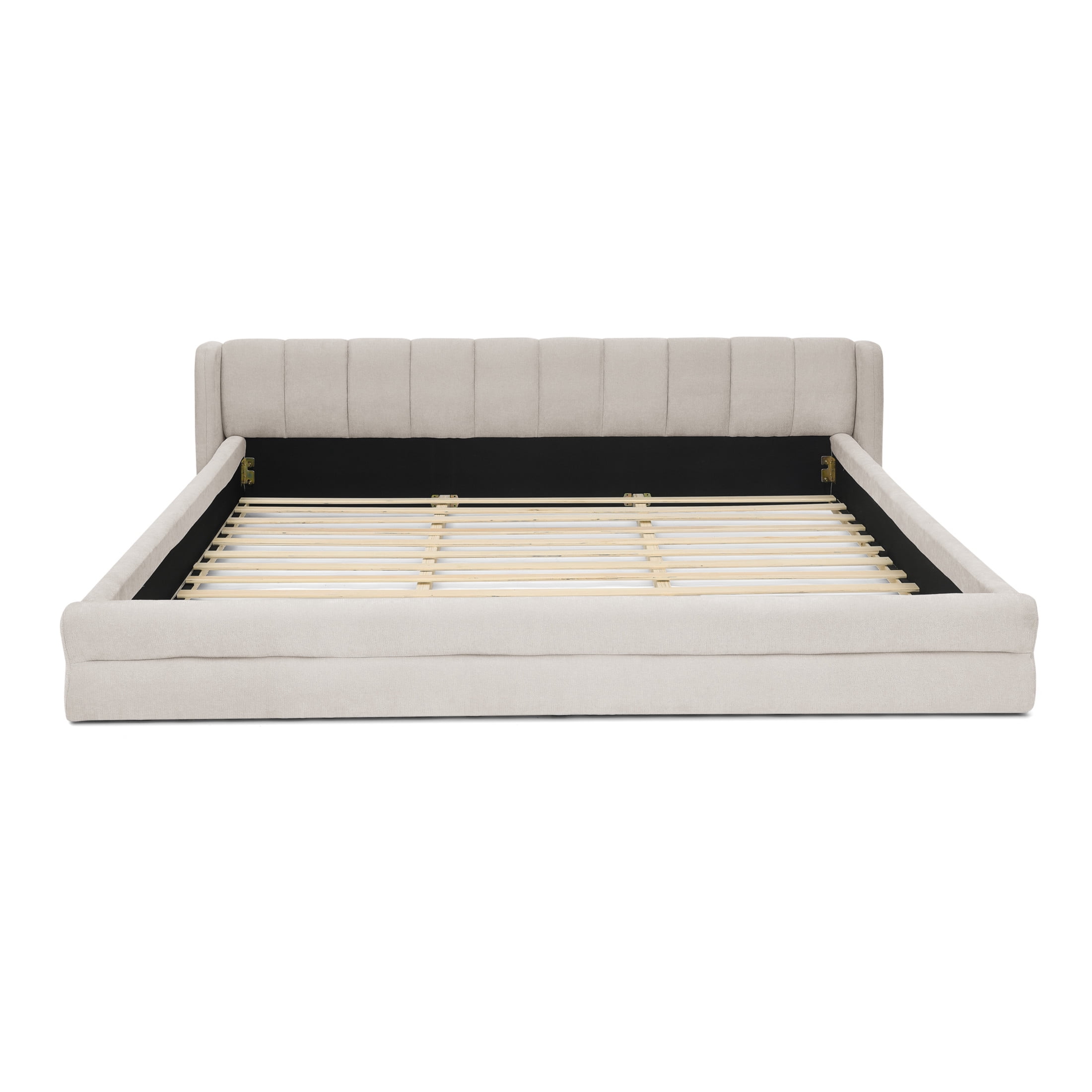 Noble House Heliox Modern King Size Grounded Bed Frame, Chenille Upholstered Platform Bed with Headboard, Beige