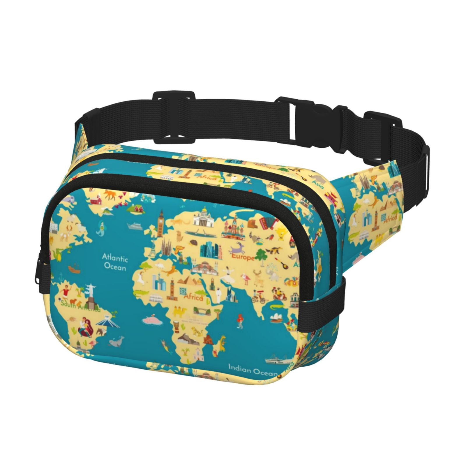 Picia World Map With Landmarks Print Square Double-Layer Waist Bag Mini Adjustable Waist Belt Bag Exercise Running Travel Hiking