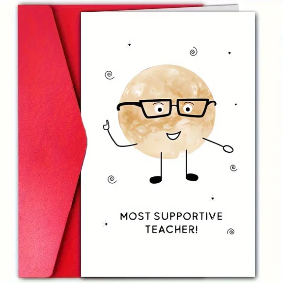 "Most Supportive Teacher" Greeting Card – Fun Planet Design with Red Envelope – Perfect for Teacher Appreciation, Birthdays, or Just Because