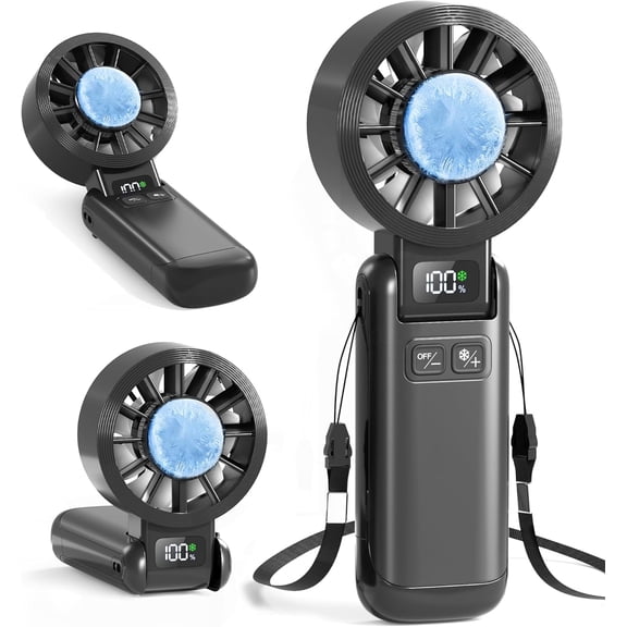 Portable Handheld Fan with Ice Cooling, Rechargeable Neck Fan 5.5m/s High Speed Airflow with LED Display 5 Speeds and 135° Adjustable Design for Travel Camping Concert Sports Outdoor