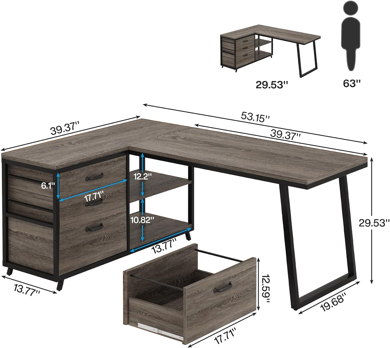 Tribesigns L-Shaped Desk with 3 Drawers, Reversible Corner Computer Desk with Storage Shelves, 53-Inch Industrial Study Writing Table Workstation for Home Office, Gray