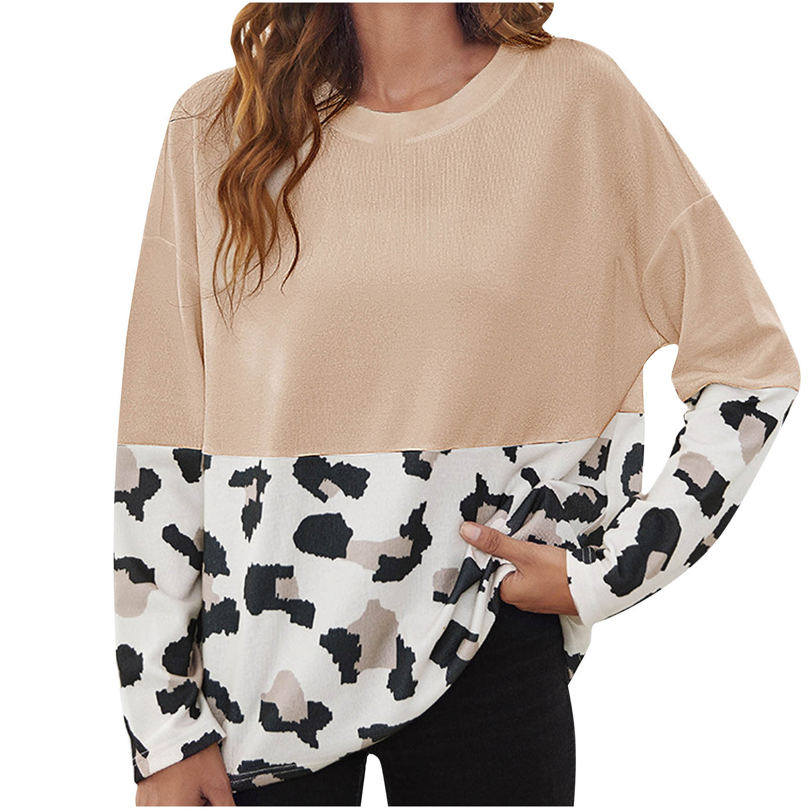 Womens Color Block Pullover Leopard Print Sweatshirt Raglan Long Sleeve  Loose Tunic Shirts Tops - Walmart.com