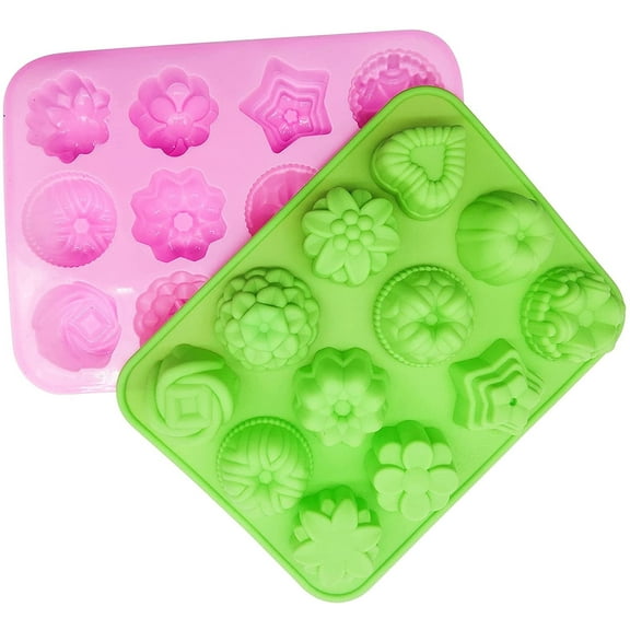 2 Packs Flowers Silicone Non-Stick Mold, Chainplus Bake Mold for Cake, Jelly, Pudding, Chocolate, Cupcake, 12-Cavity Muffin Pan, Baking Pans with Flowers and Heart shape. - Pink, Green