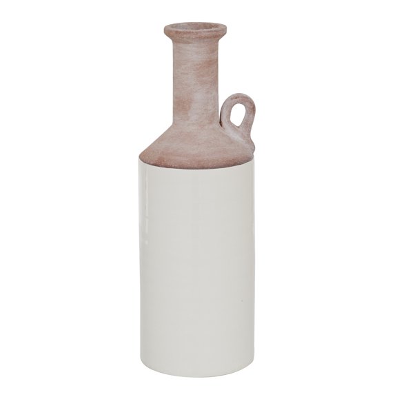 DecMode 15" White Ceramic Vase with Pink Accents