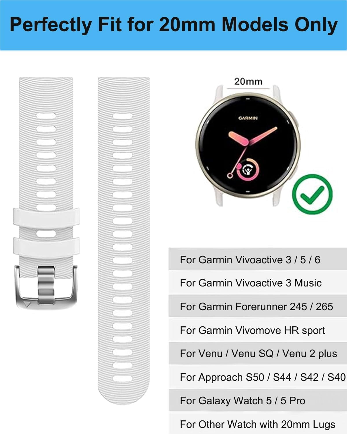 CRKMGS-Compatible with Garmin Forerunner 245 Watch Band, 20mm Sport Strap for Vivoactive 6 / Vivoactive 5, Venu/Venu SQ Smartwatch Replacement Watch Bands + Dust Plug