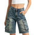 thumbnail image 3 of Breezora High Waist Distressed Denim Shorts for Women Straight Knee Length Cargo Pants with Pockets Casual Pull On Summer Bottoms Loose Fit, 3 of 6
