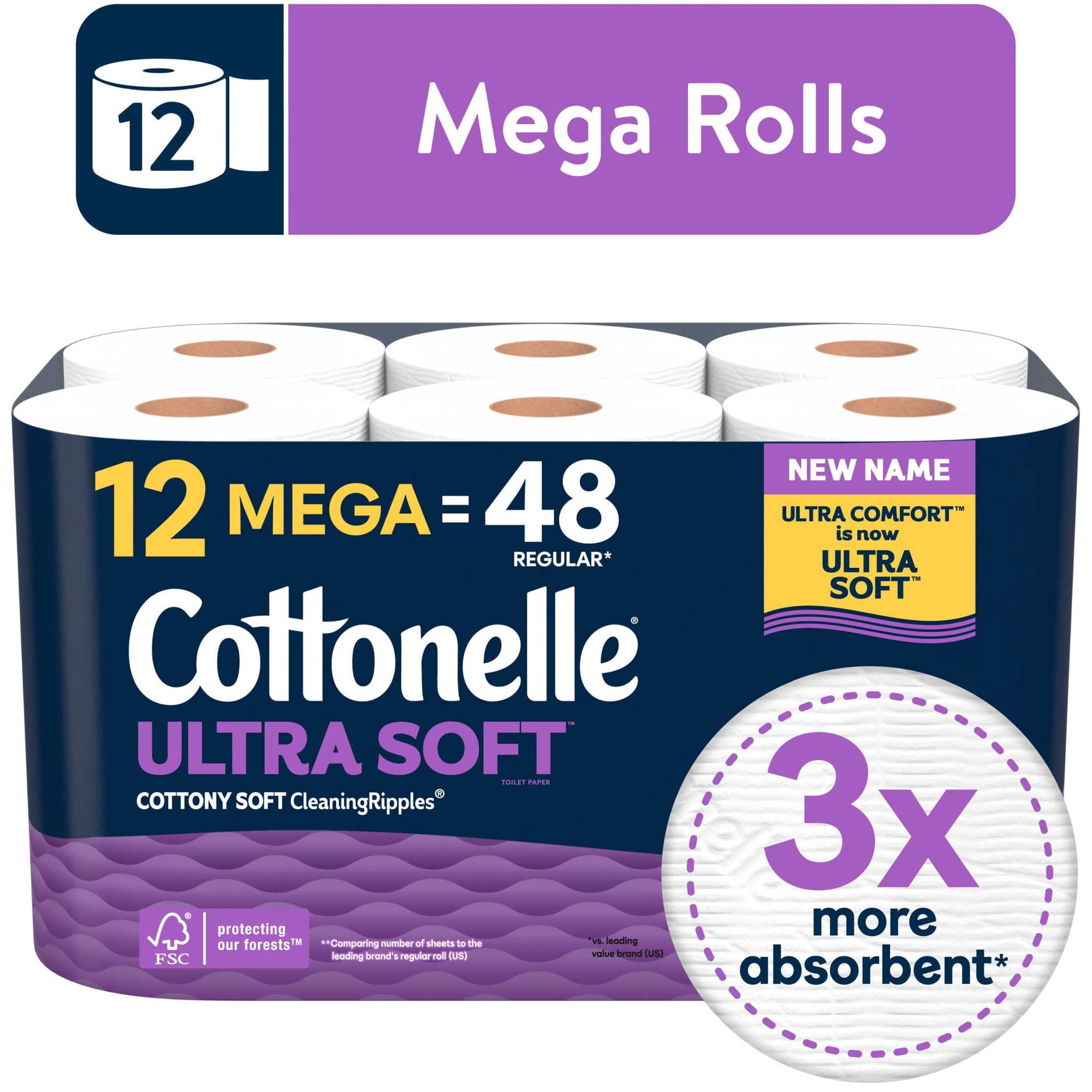 Cottonelle Ultra Soft Toilet Paper, Strong Toilet Tissue, 12 Mega Rolls
