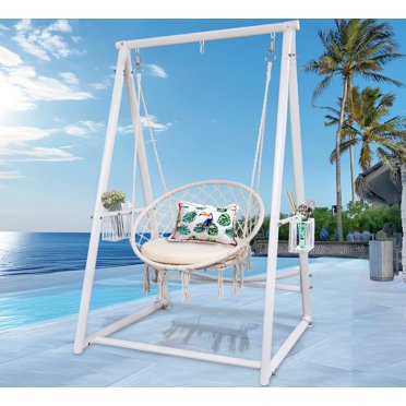 Macrame Hammock Swing Chair with Cushion and Reinforced Solid Structure Hanging Stand - Included 2 Storage Baskets and 3 Hooks for Indoor Outdoor Patio Garden Balcony (Milk White)