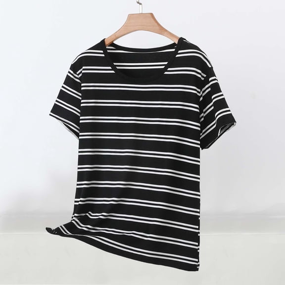 jobturf Crew Neck T Shirts for Women Plus Size Short Sleeve Striped Shirt Casual Loose Fit Lounge Basic Tees Summer Tops S-5XL