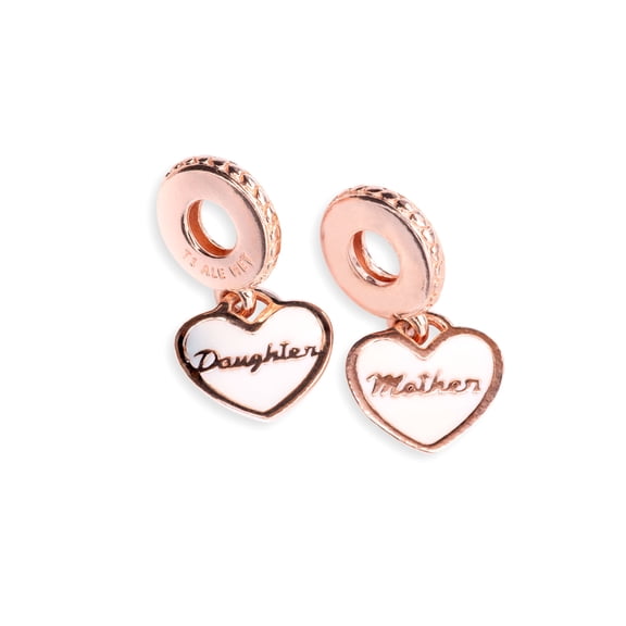 Silver Enamel & Clear Cz Mother & Daughter Hearts Charm
