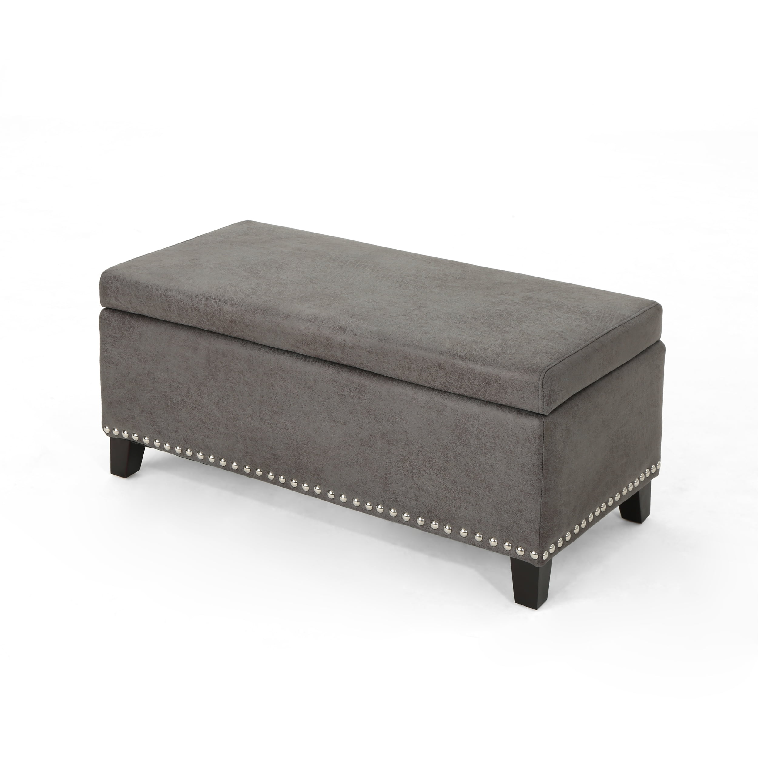 Carl Contemporary Microfiber Storage Ottoman with Nailhead Trim, Slate