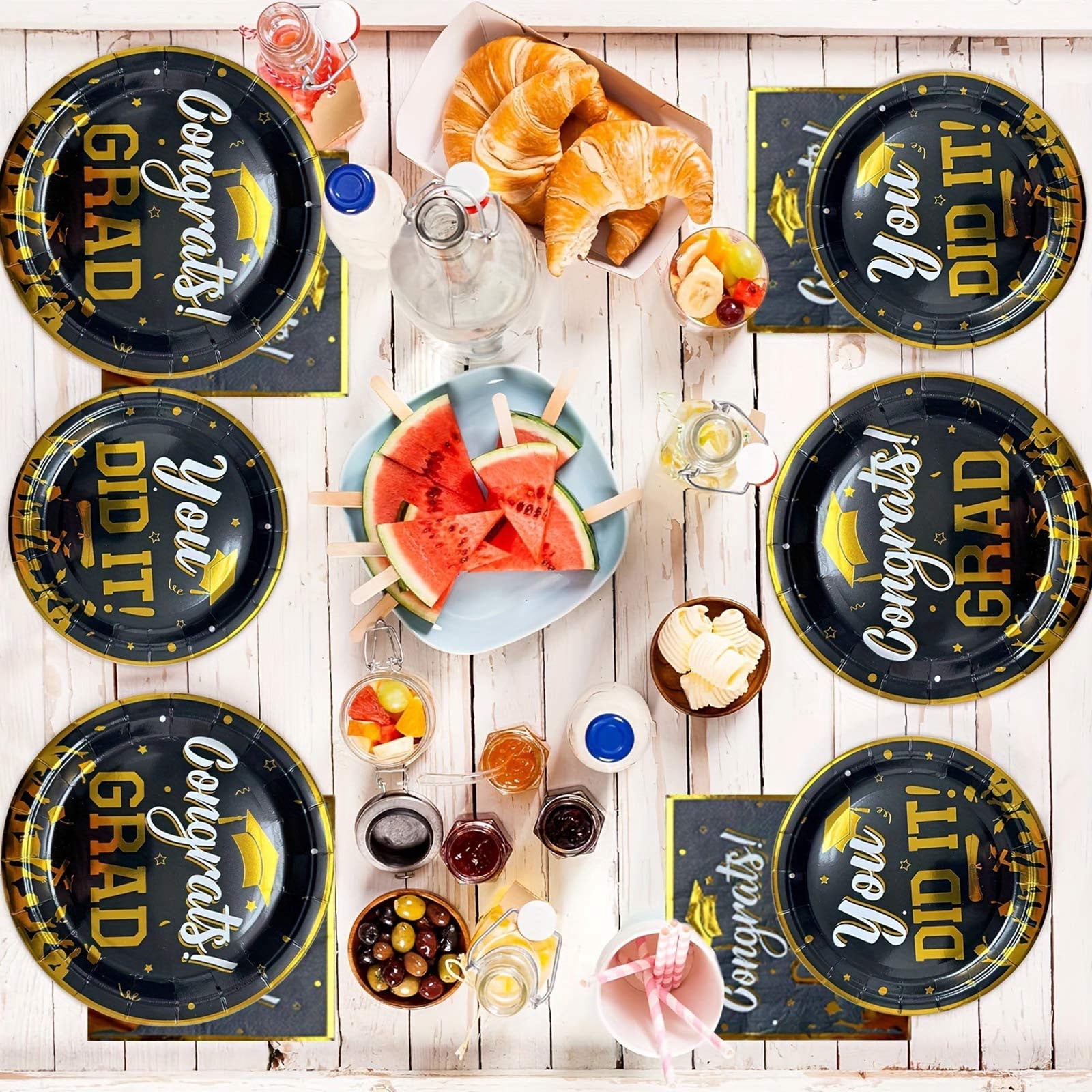 50 Pack Graduation Paper Plates, 9 Inch Black and Gold Party Supplies, Congrats Grad & You Did It Design, Disposable Dinner Plates for Class of 2026 High School and College Graduation Decorations